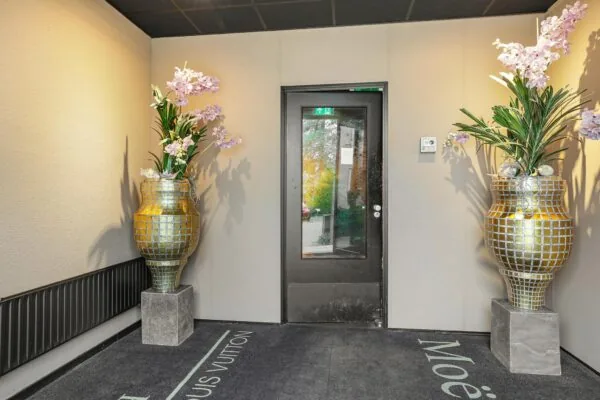 Entreehal met een zwarte deur, fluwelen vloerkleed en twee grote goudkleurige mozaïekvazen met roze bloemen.